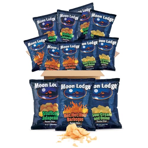 Moon Lodge Chips Variety Pack - 12 Bold Flavored Potato Chips - Hot Barbeque, Stuffed Jalapeño, Sour Cream & Onion - Kosher & Halal Snacks for All Ages, Parties & Movie Nights (1.5 Oz)